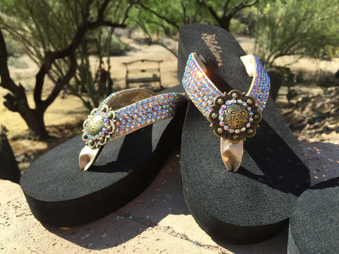 Antique Iridesent Concho Diva's Swarovski Crystal 2" Platform Flip-flop Sandals by Sparkle Steps
