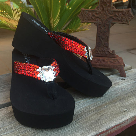 Dorothy's Ruby Red Ombre' Rockstar Swarovski Crystal Platform Flip Flops by Sparkle Steps