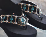 Turquoise and Pearl Concho Diva's Swarovski Crystal Flip Flops with a Southwest Flair.